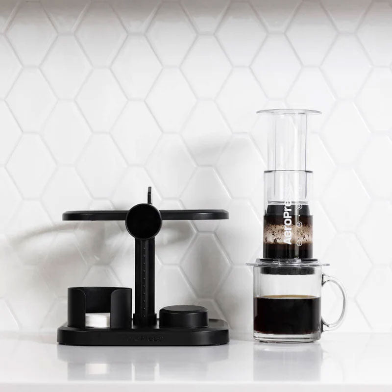 Espresso Parts AeroPress Organizer Stand for Original and XL versions, clear design.