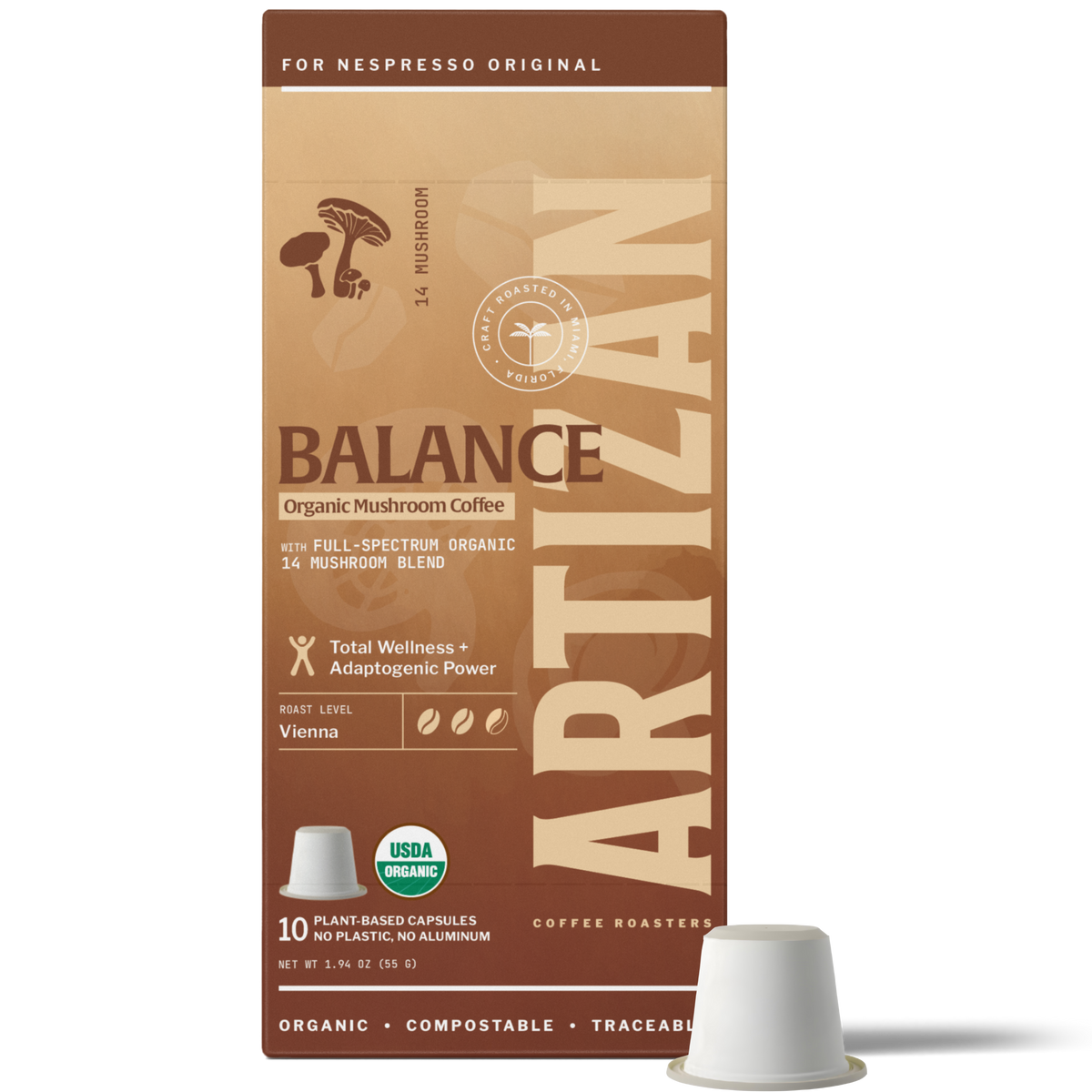 Artizan Organic Mushroom 14 Espresso Capsules – 10 Count