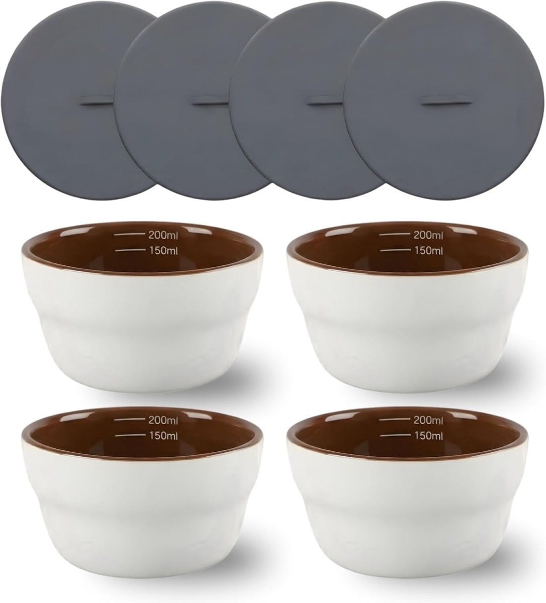 Artizan Coffee Cupping Bowl Set (4 Pack) with Silicone Lids 200Ml Ceramic Cupping Cups with 150Ml & 200Ml Measurement Markers Professional Tasting Cups for Baristas, Roasters & Labs - Shop Coffee Hobby