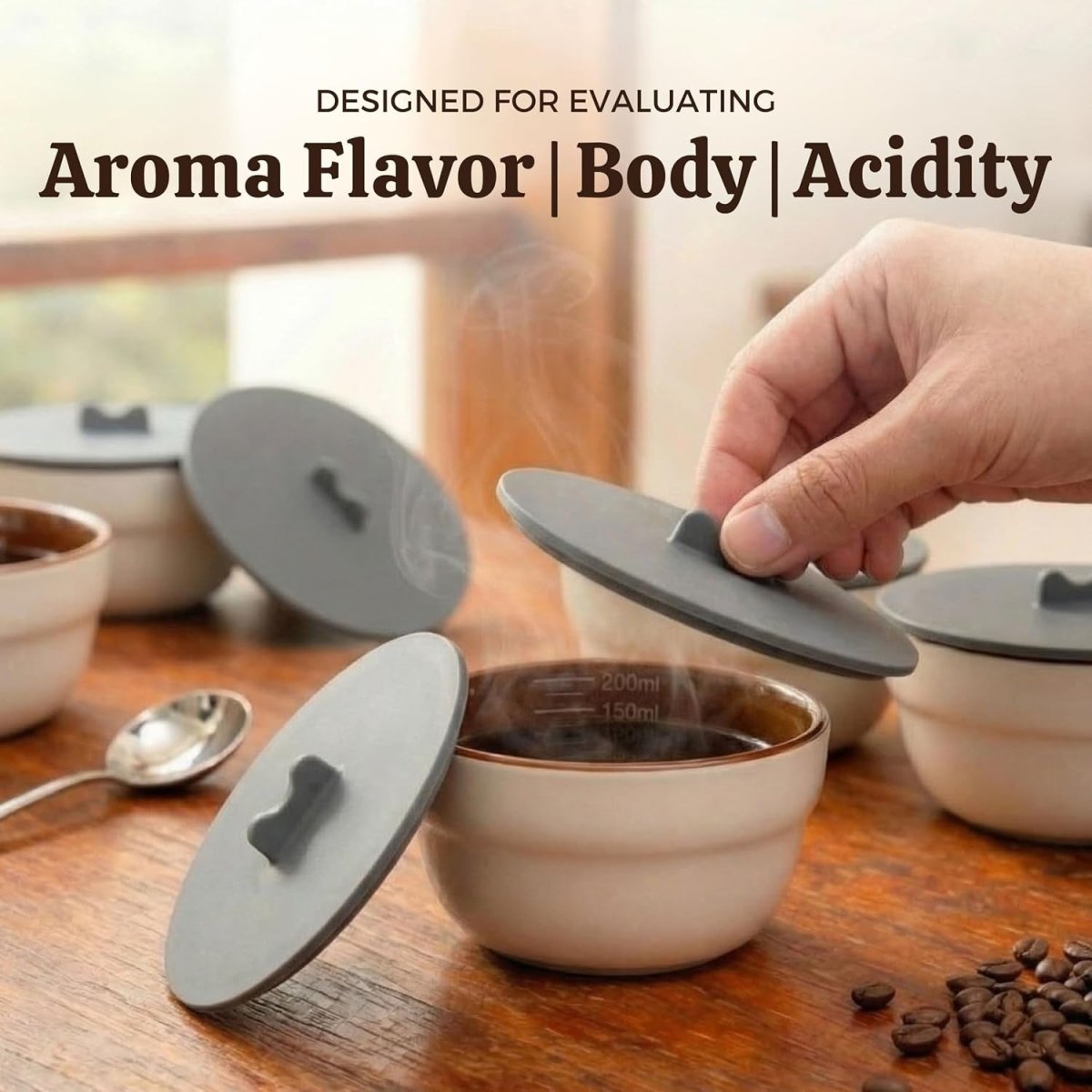 Artizan Coffee Cupping Bowl Set (4 Pack) with Silicone Lids 200Ml Ceramic Cupping Cups with 150Ml & 200Ml Measurement Markers Professional Tasting Cups for Baristas, Roasters & Labs - Shop Coffee Hobby