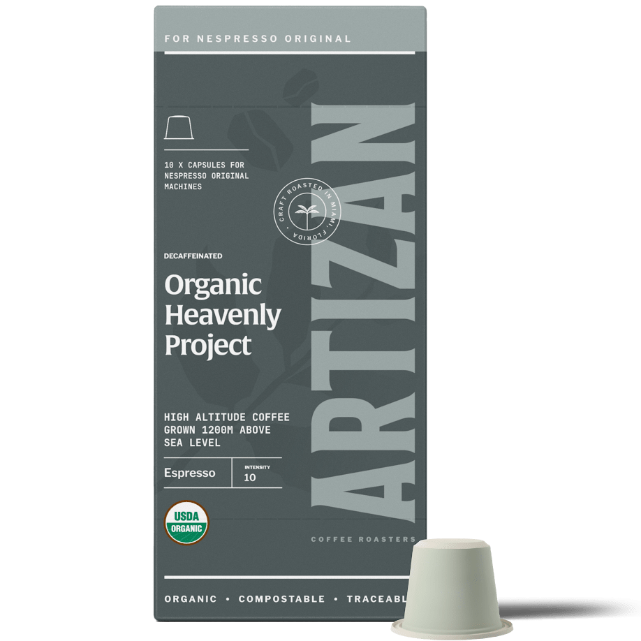 Artizan Coffee Roasters Heavenly Project Decaf Espresso pod for Nespresso machine.
