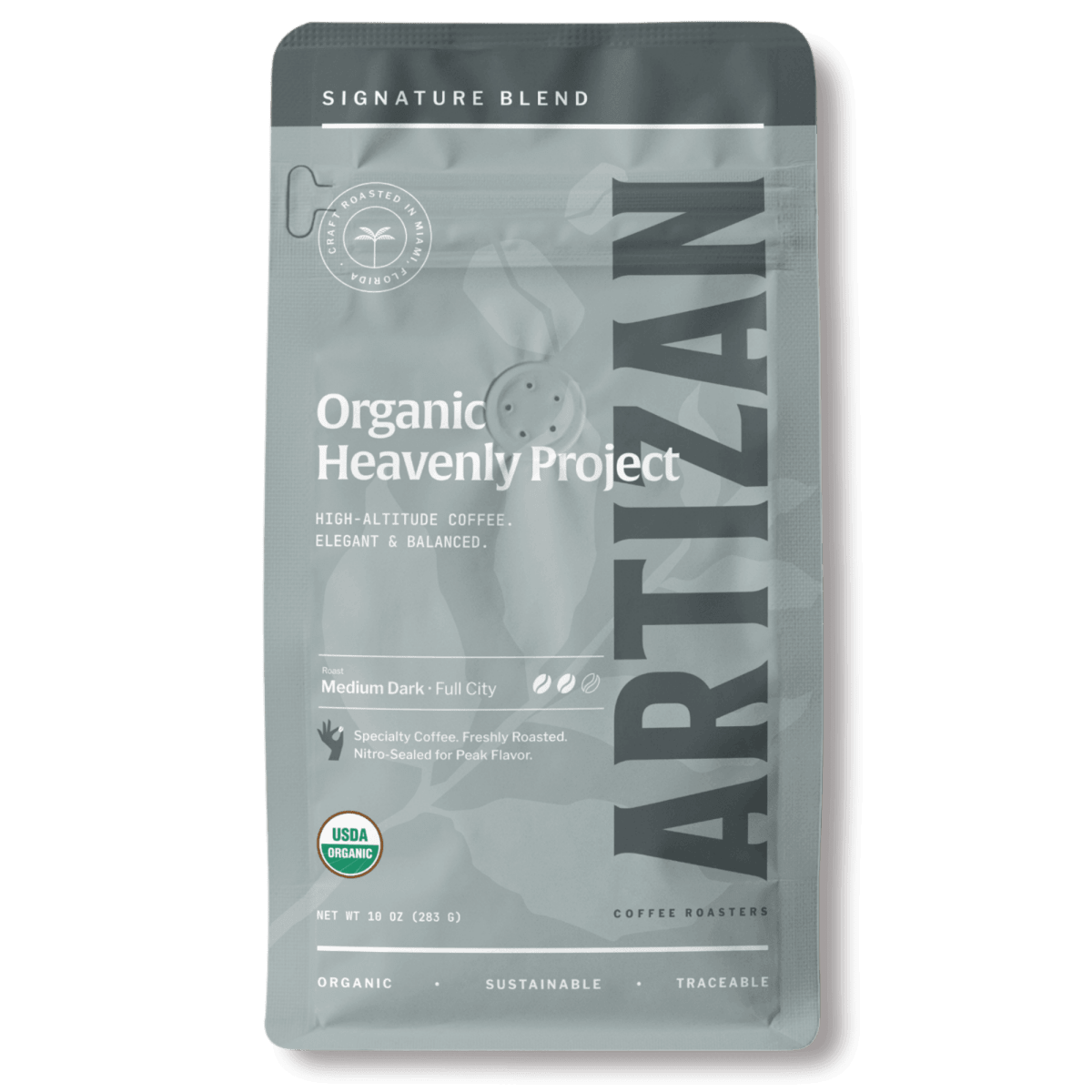 Artizan Heavenly Project Organic Dark Roast Coffee, medium grind for espresso machines.