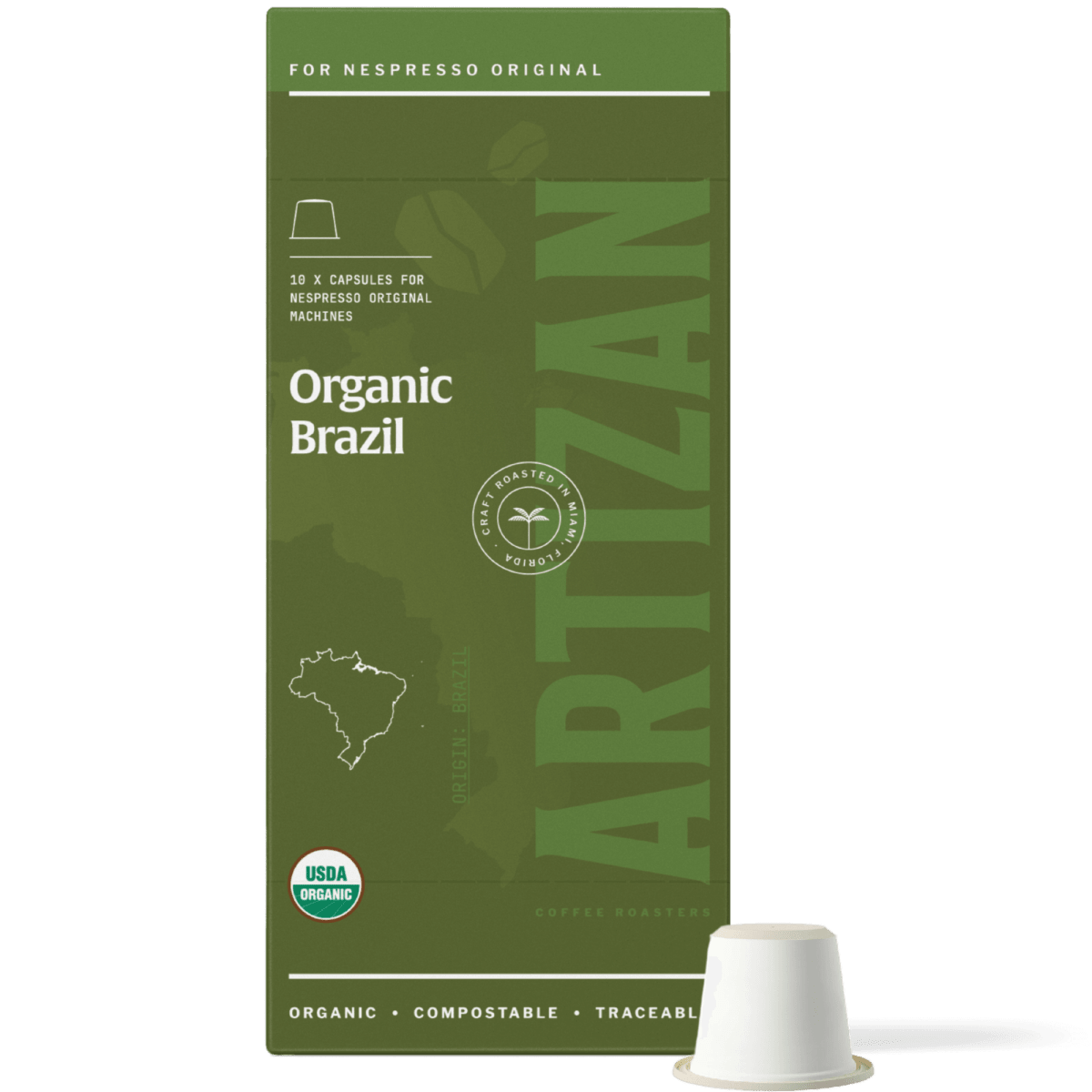 Artizan Coffee Roasters Organic Brazil Estate Espresso Capsules – 10 Count, Nespresso compatible.