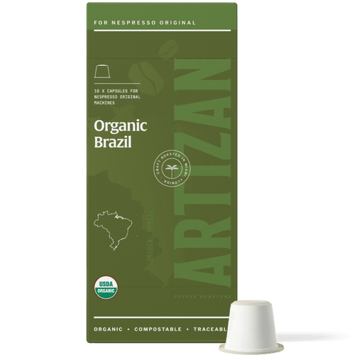 Artizan Coffee Roasters Organic Brazil Estate Espresso Capsules – 10 Count, Nespresso compatible.