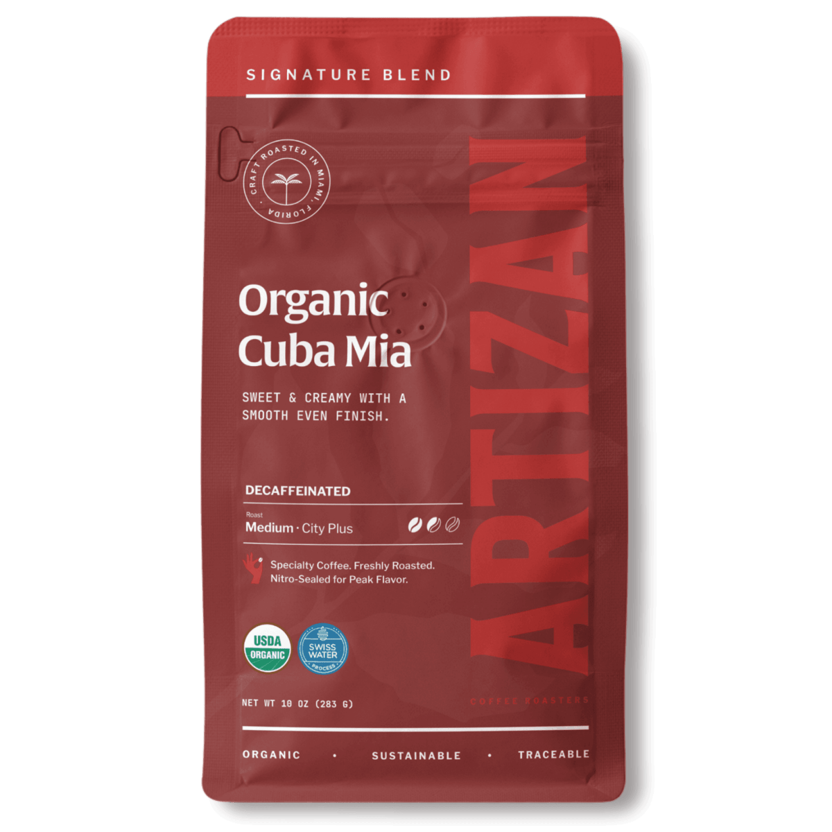 Artizan Organic Cuba Mia Decaf Dark Roast Coffee beans in a resealable bag.