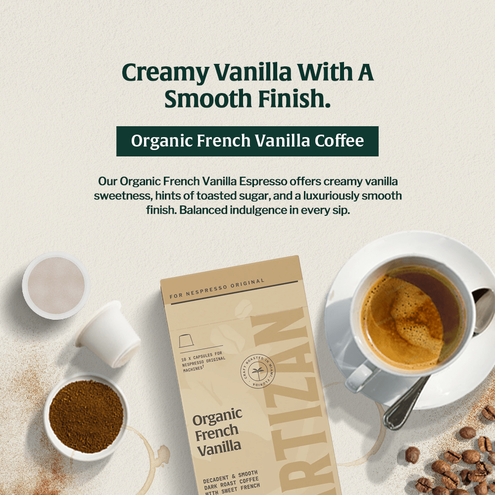 10-count Nespresso compatible espresso capsules, Organic French Vanilla flavor.