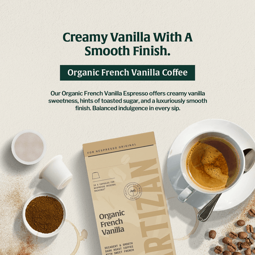 10-count Nespresso compatible espresso capsules, Organic French Vanilla flavor.