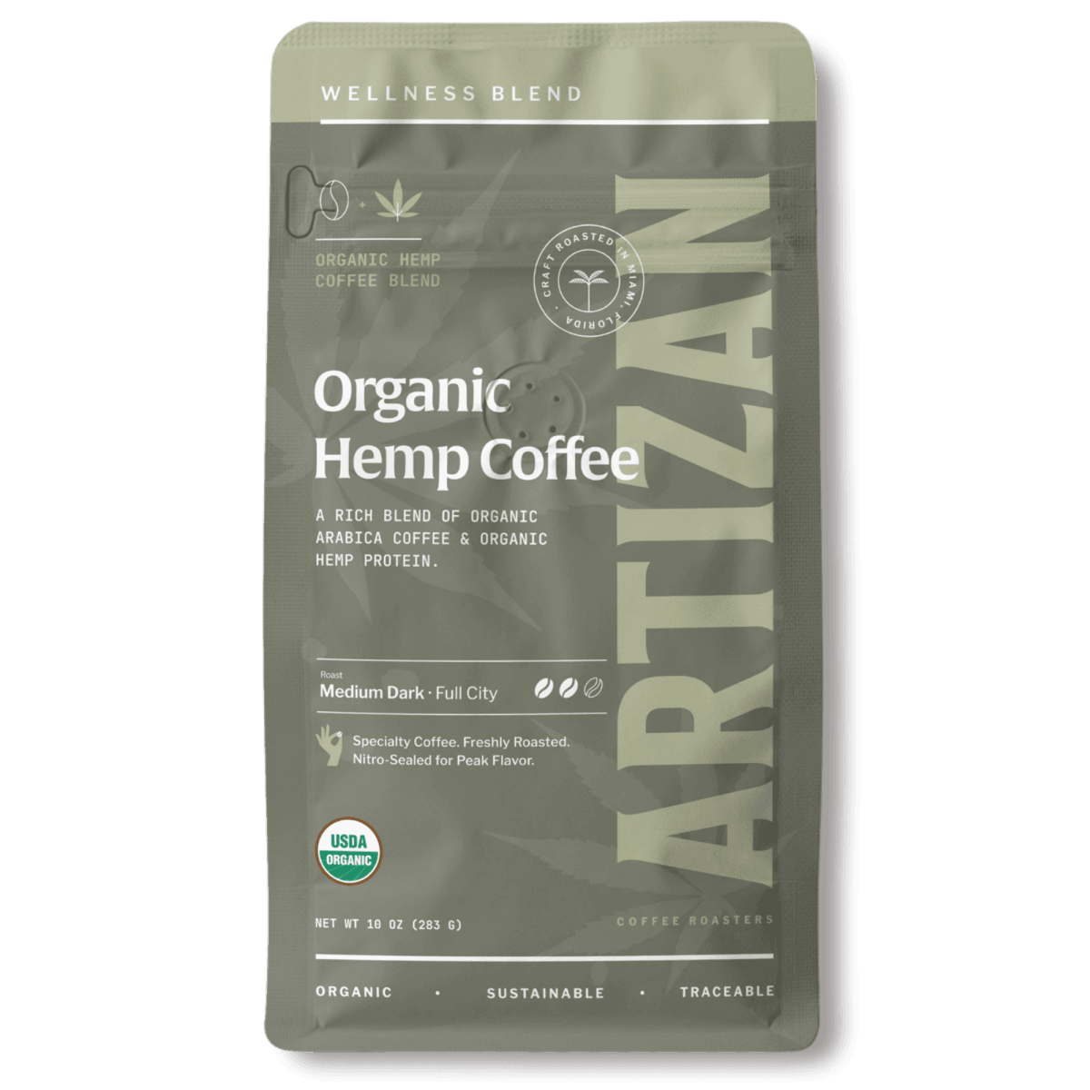 10 oz Organic Hemp Protein Coffee beans from Artizan Coffee Roasters.
