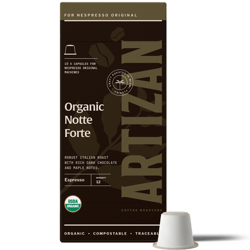 Artizan Coffee Roasters Organic Notte Forte Espresso Capsules – 10 Count, Nespresso Compatible