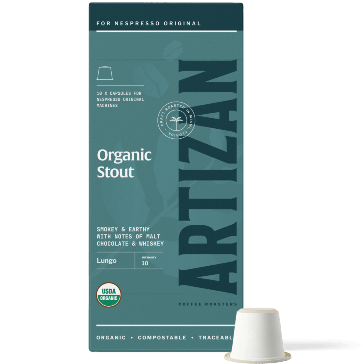 Artizan Coffee Roasters Organic Stout Espresso Capsules – 10 Count, Lungo, Intense, Blends, Nespresso compatible.