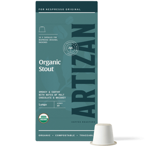 Artizan Coffee Roasters Organic Stout Espresso Capsules – 10 Count, Lungo, Intense, Blends, Nespresso compatible.