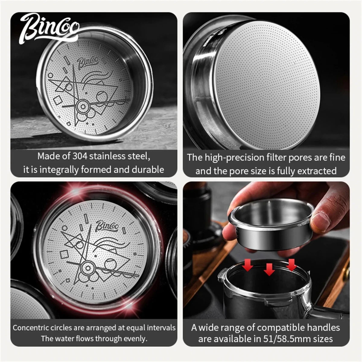 BINCOO High‑Precision Espresso Filter Basket – 51mm & 58.5mm (16g / 18g / 20g) + Blind Baskets – Stainless Steel - Shop Coffee Hobby