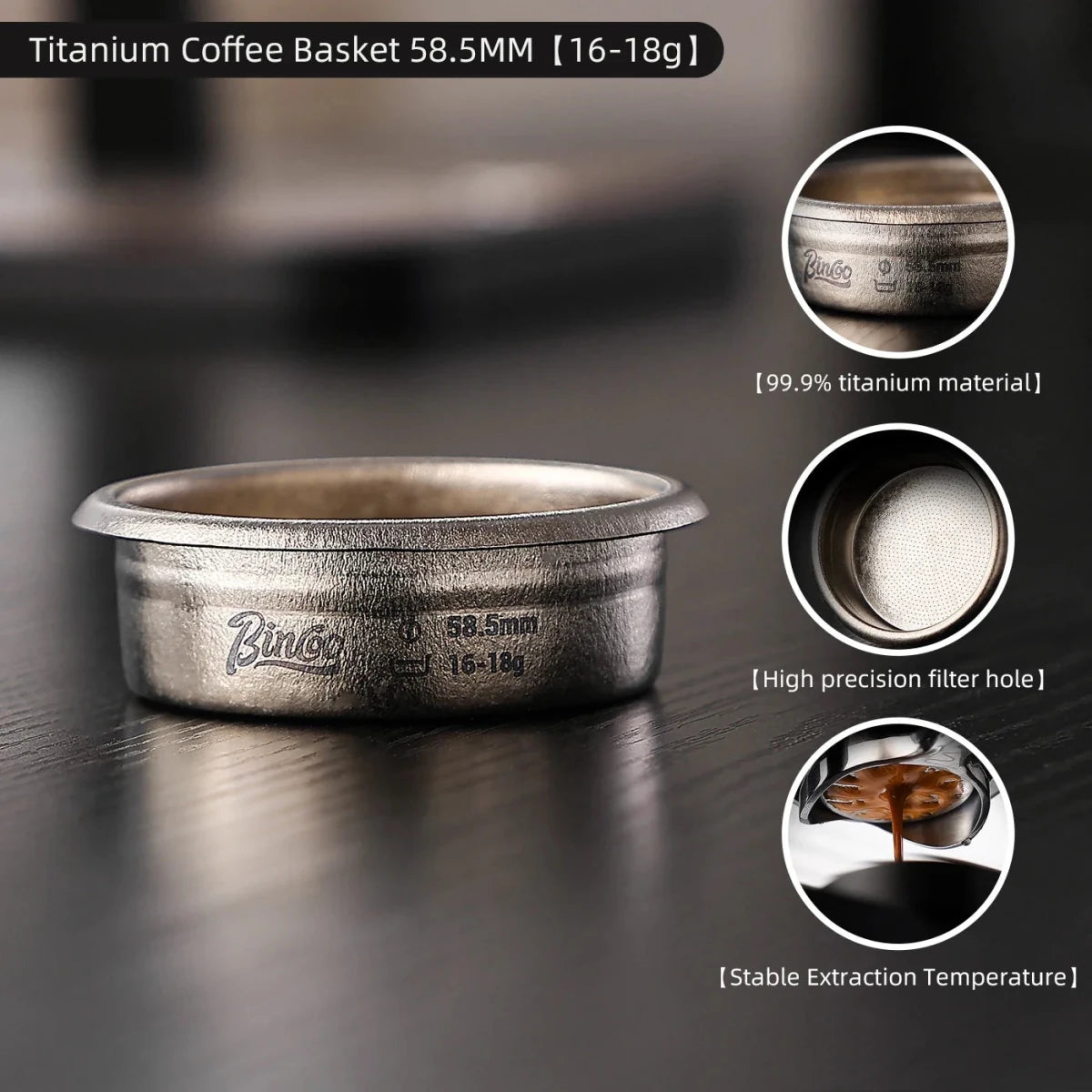 Bincoo Titanium Precision Portafilter Basket – 58.5mm Espresso Extraction Basket (16–18g / 18–20g) - Shop Coffee Hobby