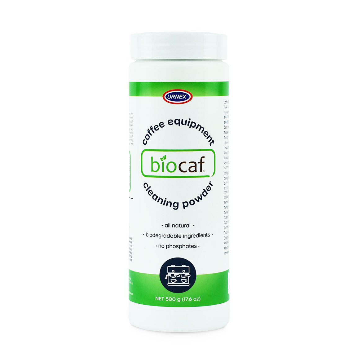 White and green 500 g jar of Urnex Biocaf coffee equipment cleaning powder