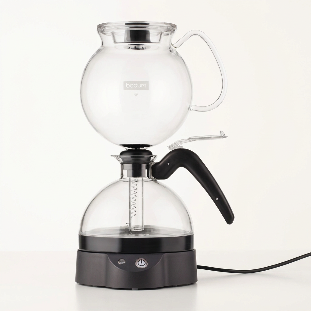 Bodum ePebo electric vacuum coffee maker centered upright on bright white with soft warm studio lighting and a subtle shadow