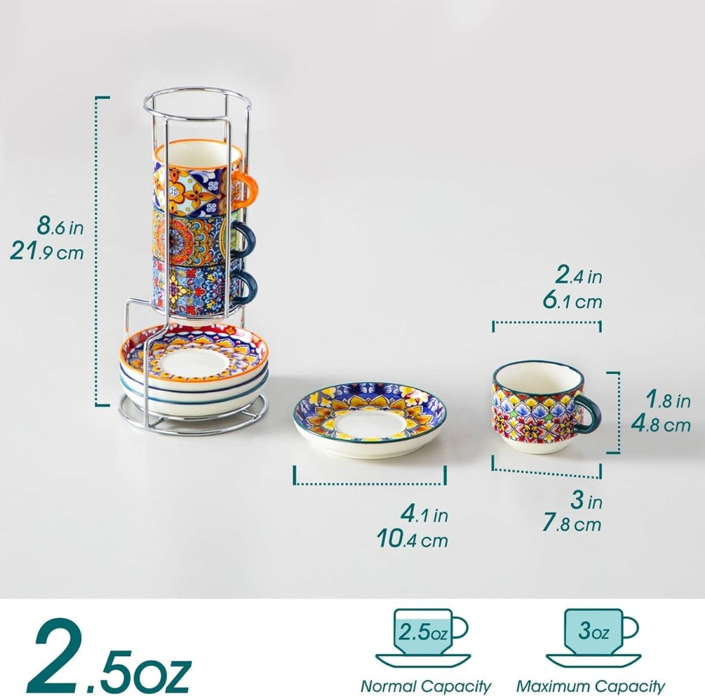 Bohemian Stackable Espresso Cups with Saucers and Metal Stand, Set of 4 - Shop Coffee Hobby