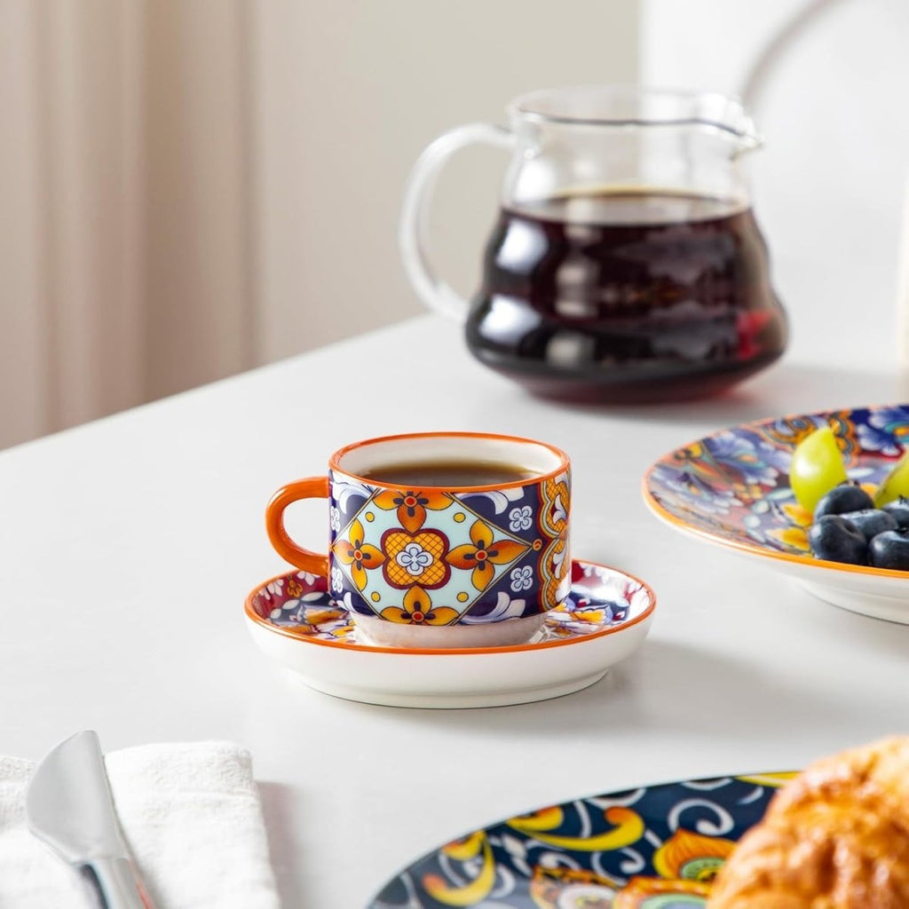 Bohemian Stackable Espresso Cups with Saucers and Metal Stand, Set of 4 - Shop Coffee Hobby