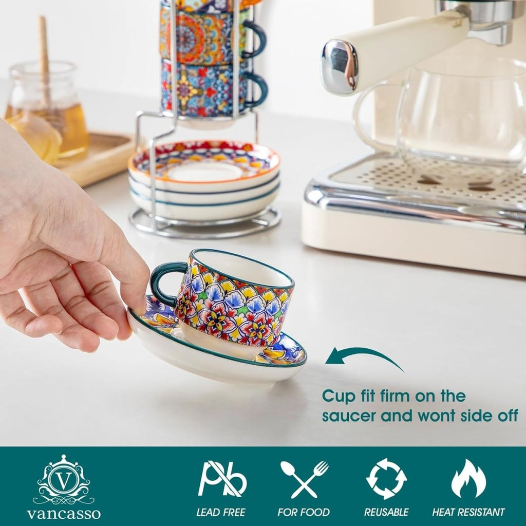 Bohemian Stackable Espresso Cups with Saucers and Metal Stand, Set of 4 - Shop Coffee Hobby