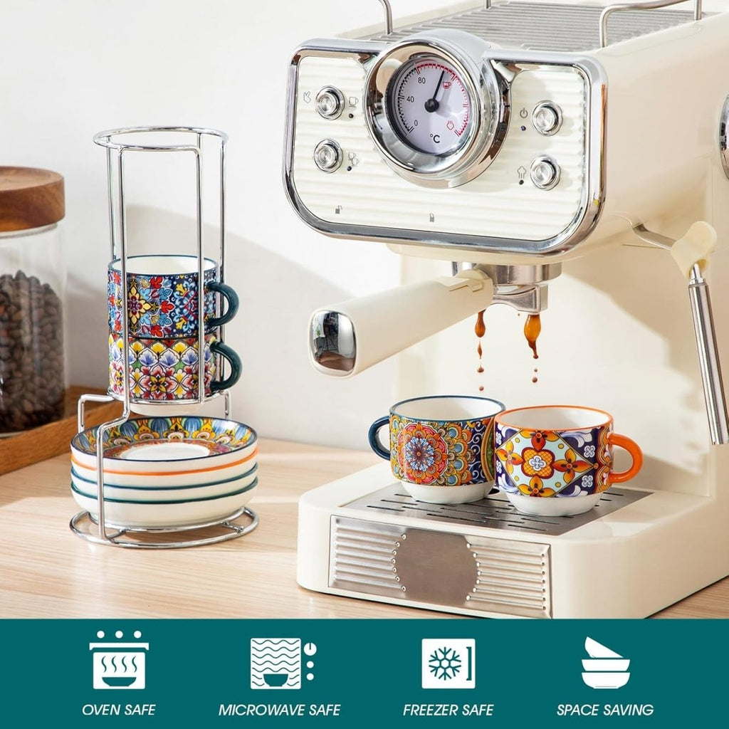 Bohemian Stackable Espresso Cups with Saucers and Metal Stand, Set of 4 - Shop Coffee Hobby