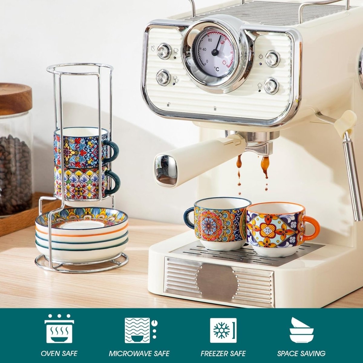 Bohemian Stackable Espresso Cups with Saucers and Metal Stand, Set of 4 - Shop Coffee Hobby