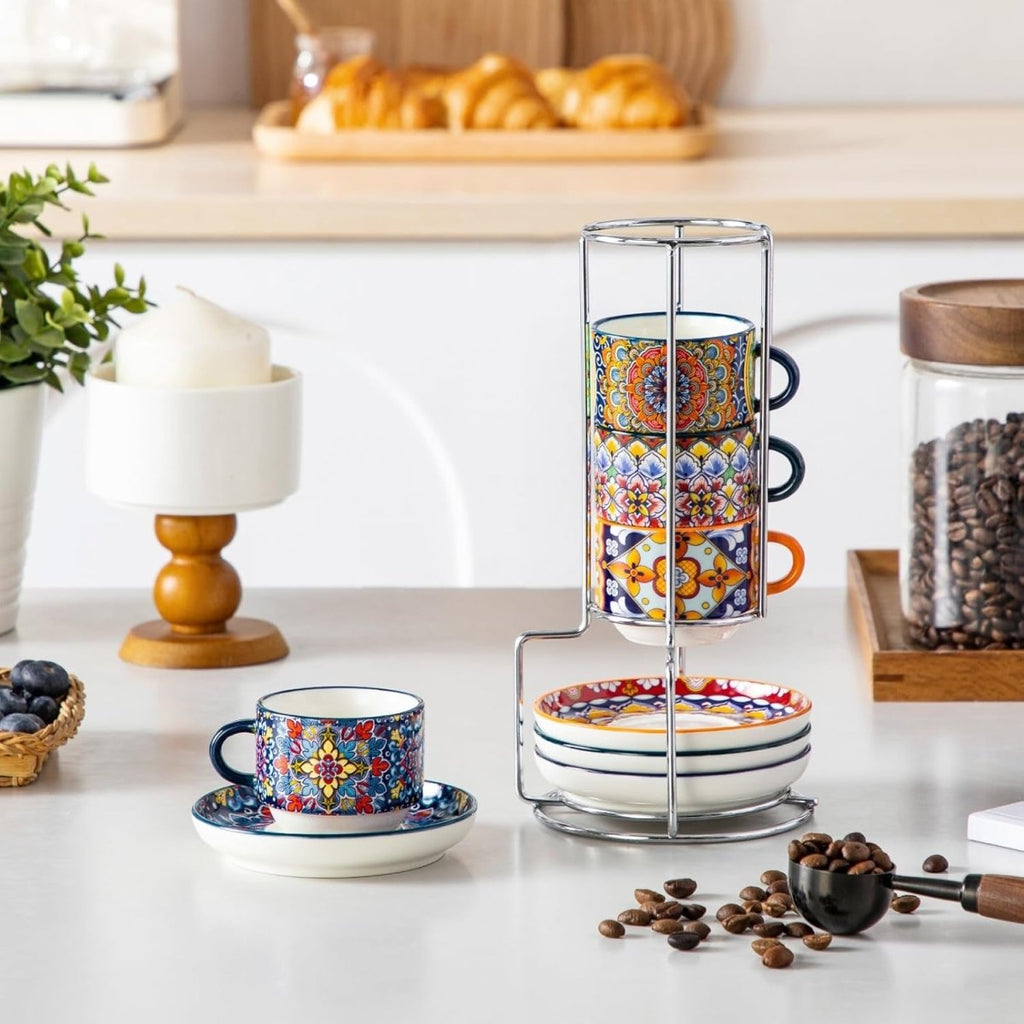 Bohemian Stackable Espresso Cups with Saucers and Metal Stand, Set of 4 - Shop Coffee Hobby