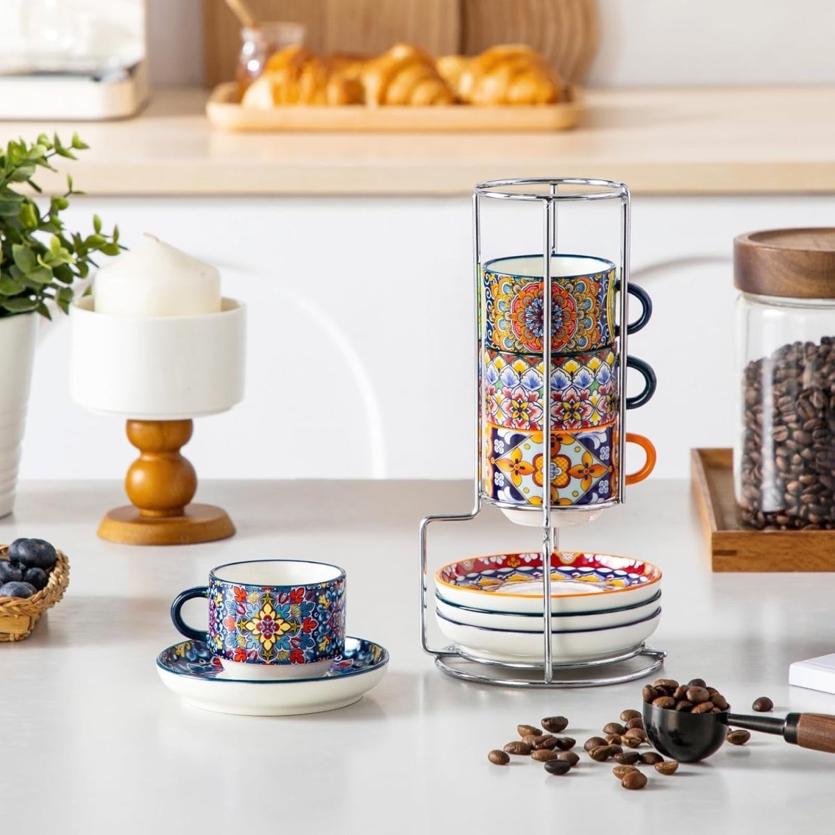 Bohemian Stackable Espresso Cups with Saucers and Metal Stand, Set of 4 - Shop Coffee Hobby