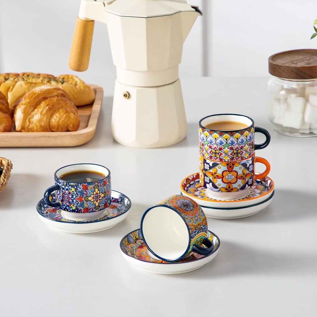 Bohemian Stackable Espresso Cups with Saucers and Metal Stand, Set of 4 - Shop Coffee Hobby