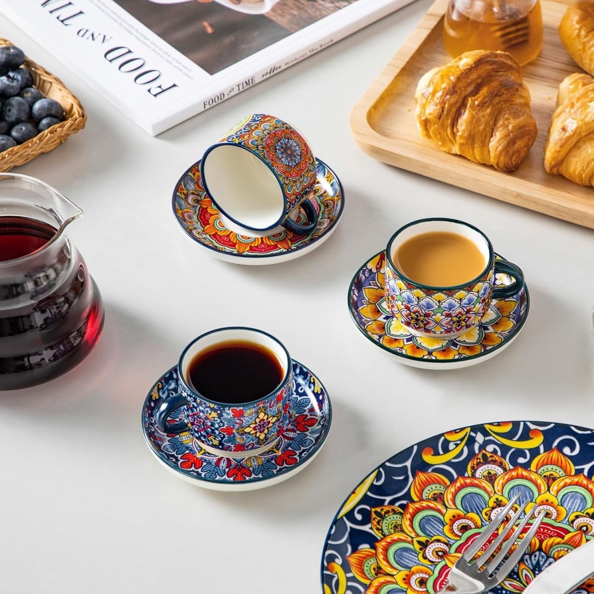 Bohemian Stackable Espresso Cups with Saucers and Metal Stand, Set of 4 - Shop Coffee Hobby