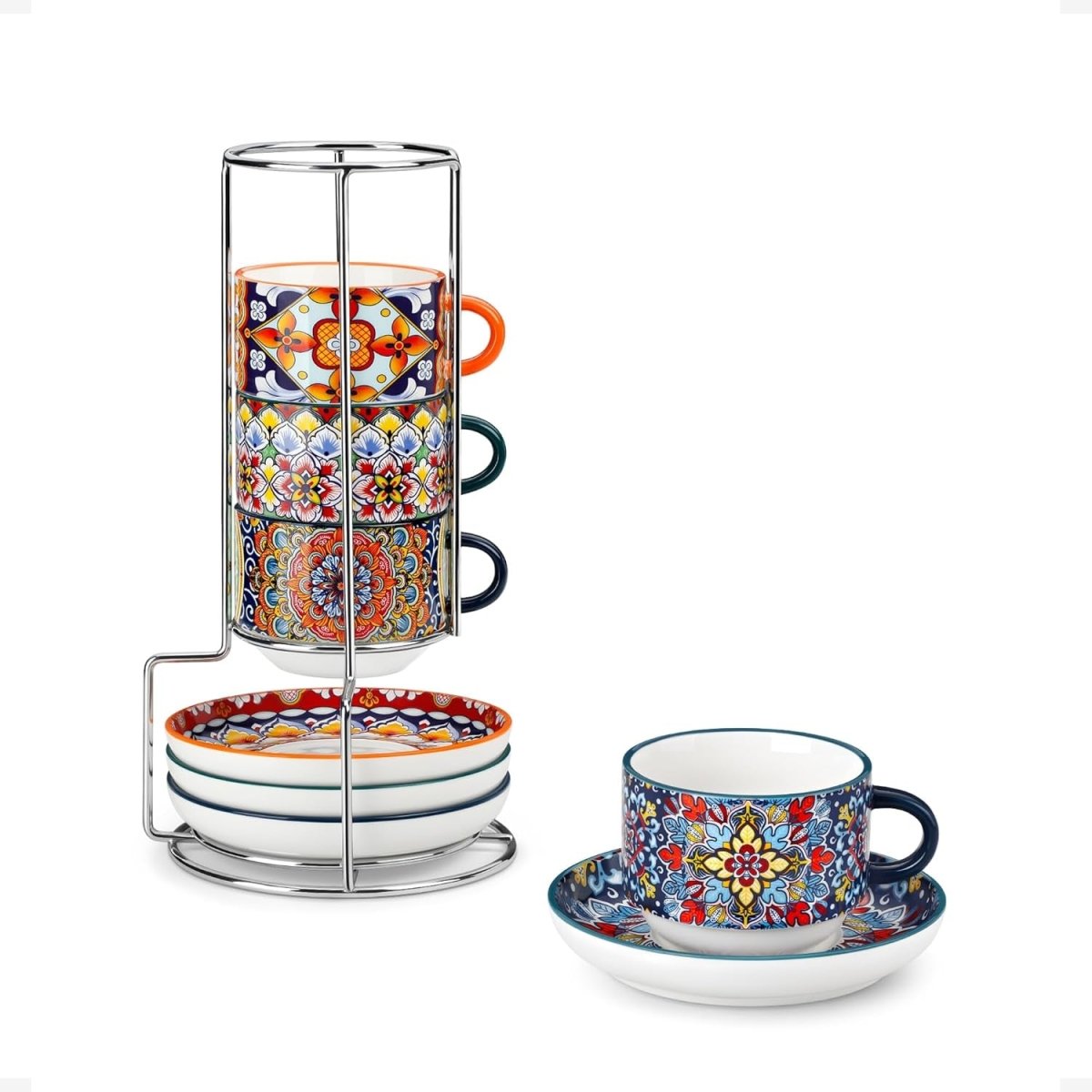 Bohemian Stackable Espresso Cups with Saucers and Metal Stand, Set of 4 - Shop Coffee Hobby
