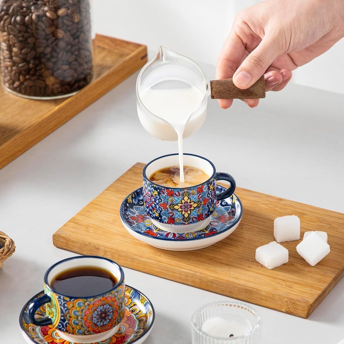 Bohemian Stackable Espresso Cups with Saucers and Metal Stand, Set of 4 - Shop Coffee Hobby