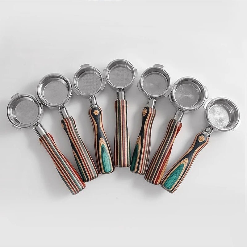 Bottomless portafilter with colored wood handle, machine-specific fit.