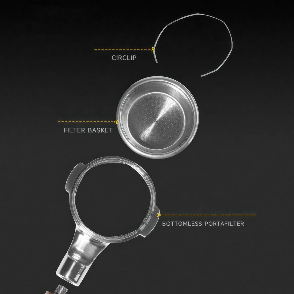 Labeled diagram of the bottomless portafilter parts: handle, filter basket and retaining clip