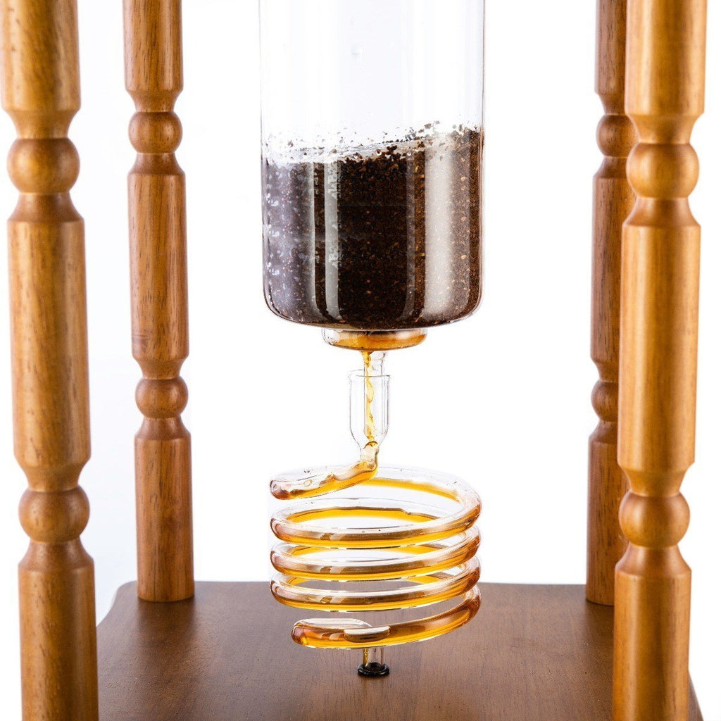 Yama Glass Cold Brew Tower – Curved Brown Wood Frame – 25 Cup / 100 oz