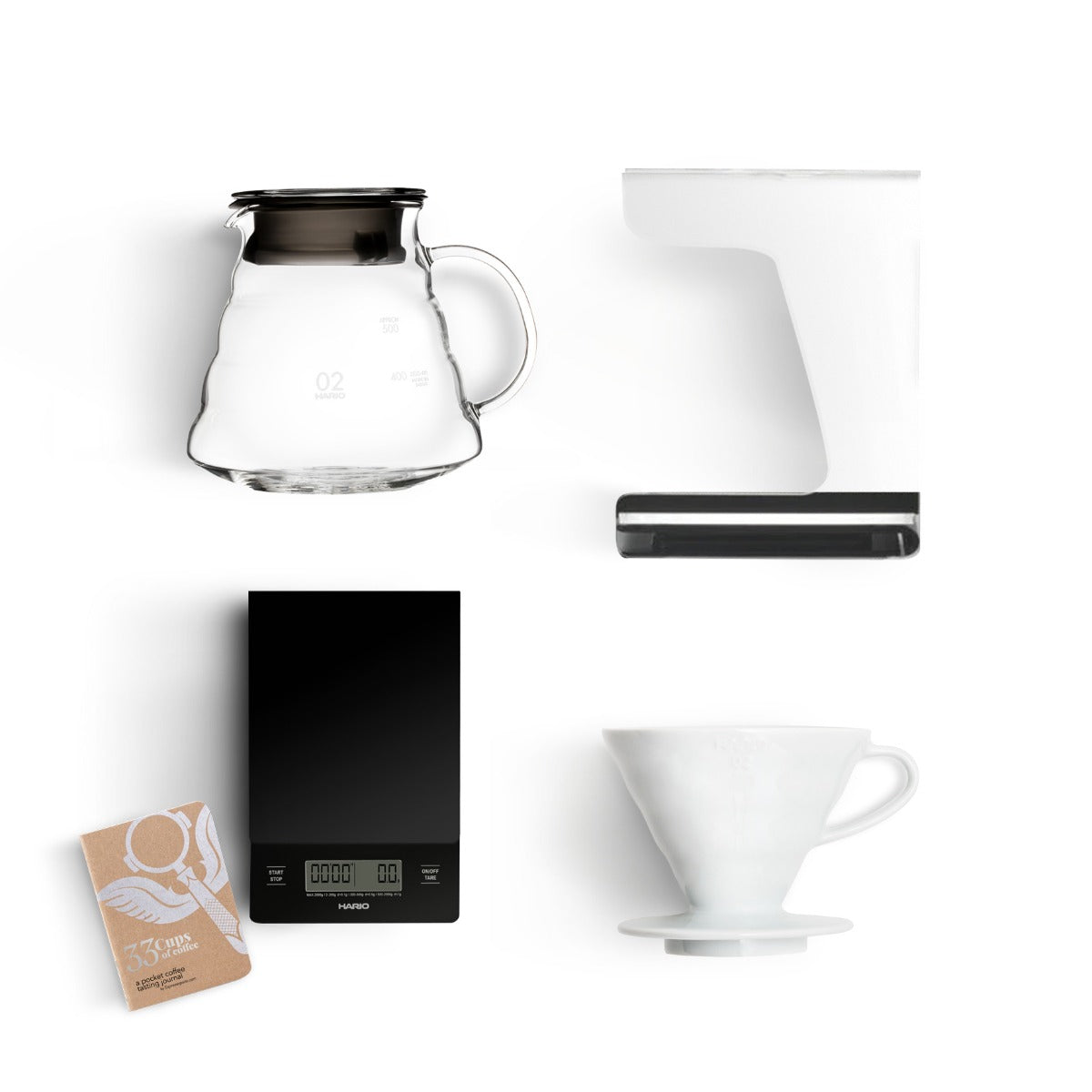 Hario V60 Pour Over Set – Ceramic Dripper, Scale, Drip Station, Server & Journal