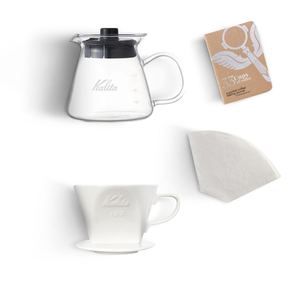 Kalita 102 ceramic pour-over kit: white dripper, glass server, cone filters and tasting journal