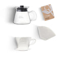 Kalita 102 ceramic pour-over kit: white dripper, glass server, cone filters and tasting journal