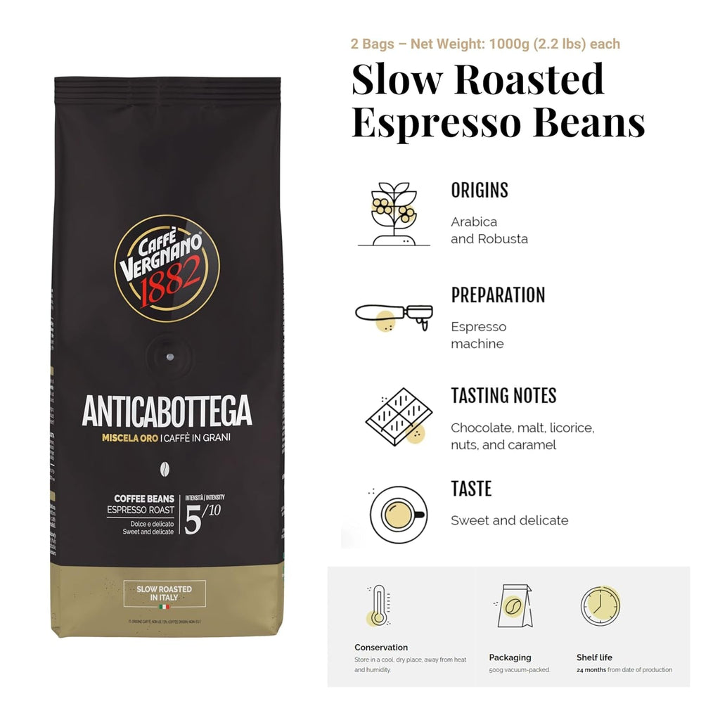 Caffe Vergnano Espresso Beans Antica Bottega Whole Bean Coffee 2.2 Lb (Pack of 2) - Italian Medium Roast Arabica, with Chocolate Caramel Notes - for Coffee Maker, French Press Espresso Maker, Moka Pot - Haynesworld General Goods