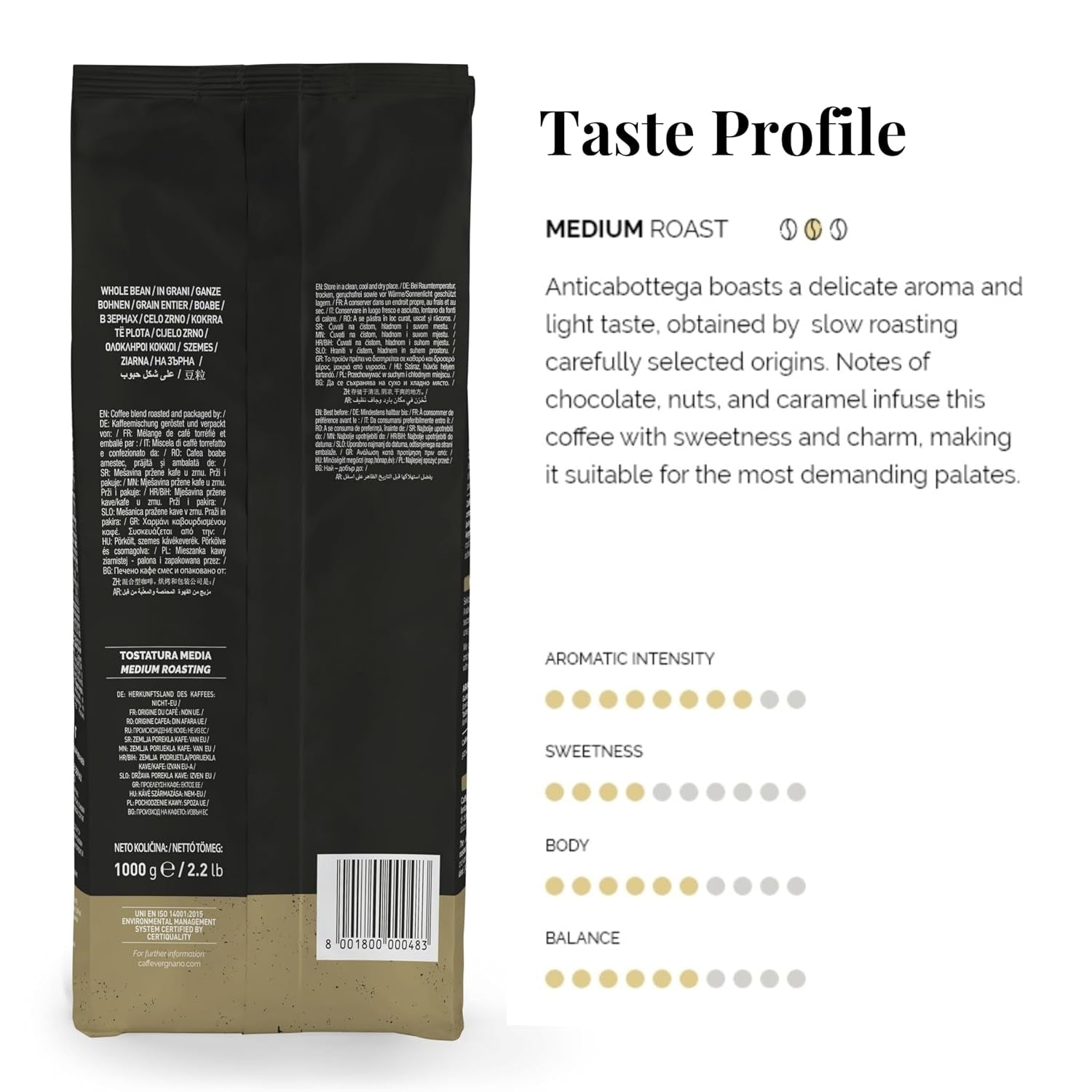 Caffe Vergnano Espresso Beans Antica Bottega Whole Bean Coffee 2.2 Lb (Pack of 2) - Italian Medium Roast Arabica, with Chocolate Caramel Notes - for Coffee Maker, French Press Espresso Maker, Moka Pot - Haynesworld General Goods