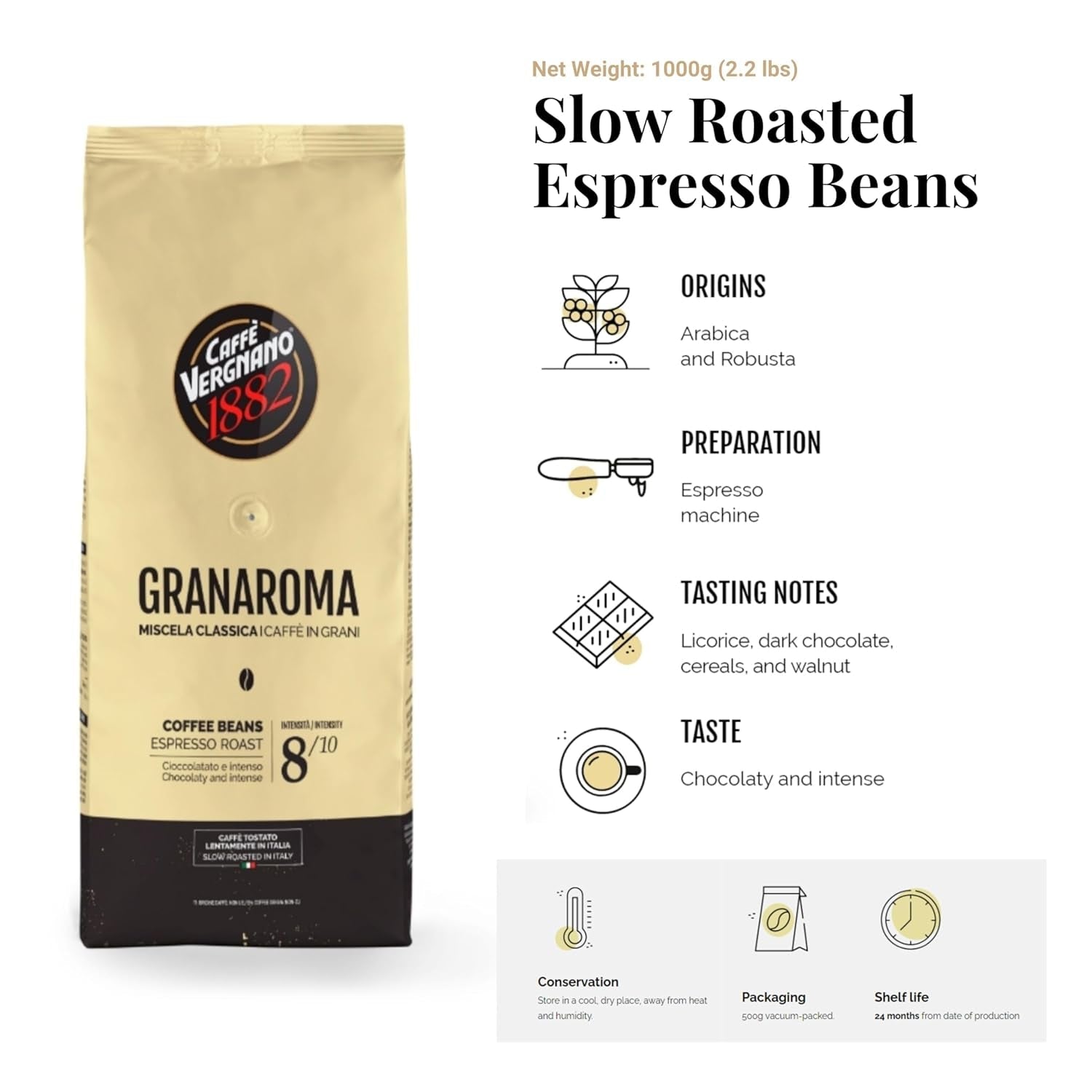 Caffe Vergnano Gran Aroma Whole Bean Coffee 2.2 Lb Bag - Medium Roast Espresso Beans Whole, Cocoa Spice Dried Fruit Notes Italian Coffee - for Espresso Maker, Moka Pot, French Press, Coffee Maker - Haynesworld General Goods