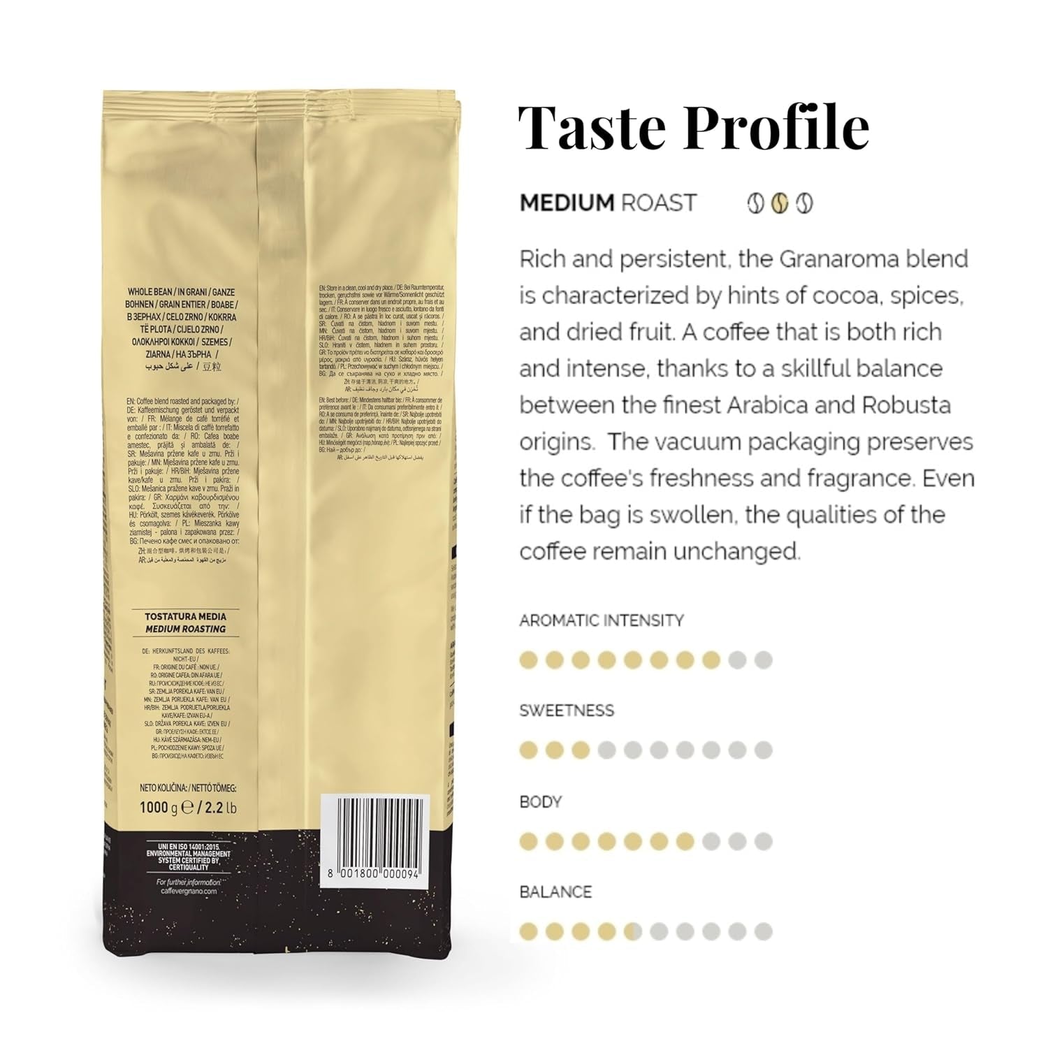 Caffe Vergnano Gran Aroma Whole Bean Coffee 2.2 Lb Bag - Medium Roast Espresso Beans Whole, Cocoa Spice Dried Fruit Notes Italian Coffee - for Espresso Maker, Moka Pot, French Press, Coffee Maker - Haynesworld General Goods
