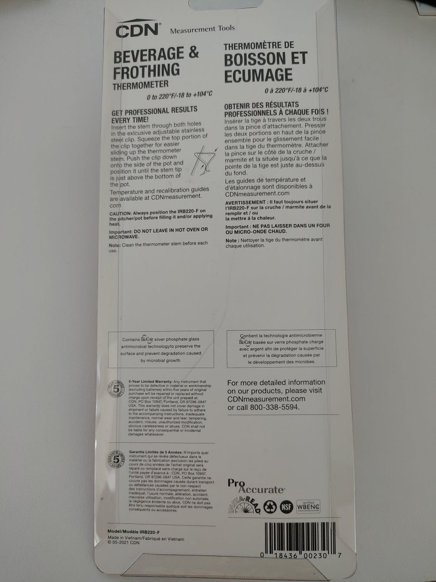CDN Beverage & Frothing Thermometer – Model IRB220‑F (0–220°F / –18–104°C) - Shop Coffee Hobby