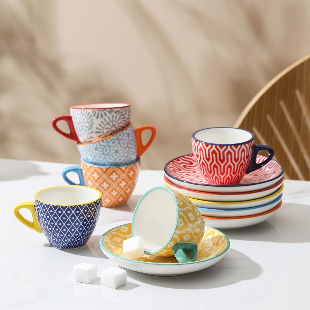 Ceramic Espresso Cups with Saucers, Assorted Colors, Set of 6 - Shop Coffee Hobby