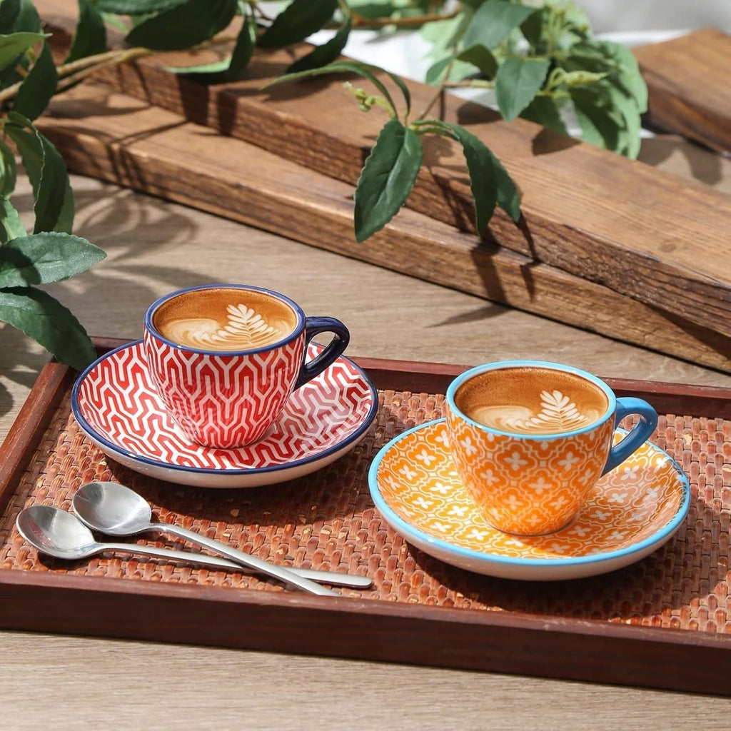 Ceramic Espresso Cups with Saucers, Assorted Colors, Set of 6 - Shop Coffee Hobby