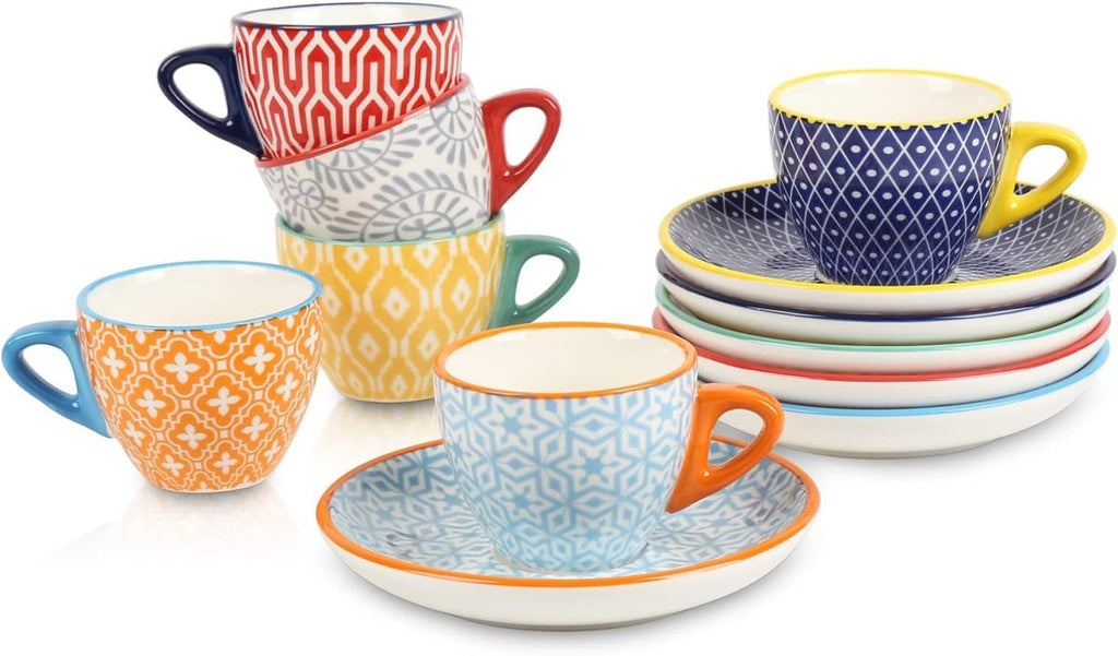 Ceramic Espresso Cups with Saucers, Assorted Colors, Set of 6 - Shop Coffee Hobby