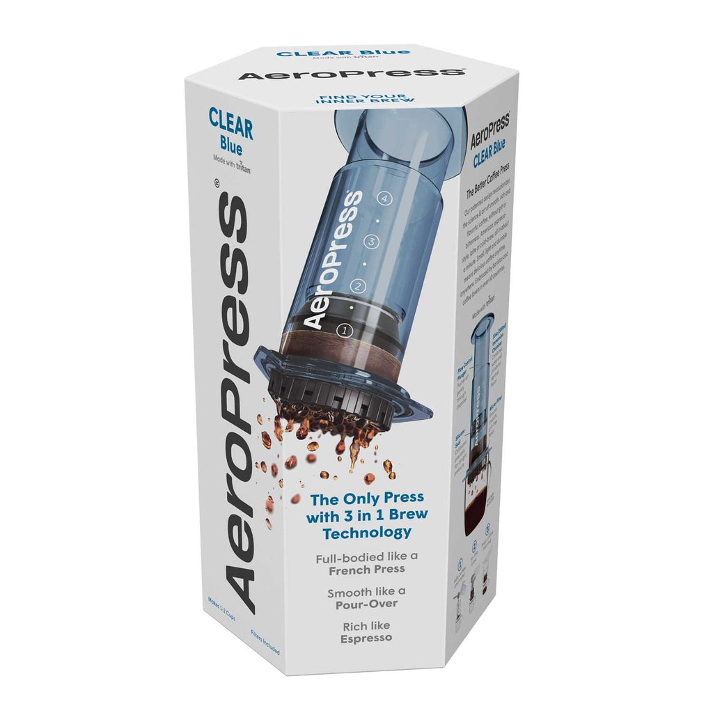 AeroPress Clear Coffee Maker – Blue Version, 10 oz Manual Brewer