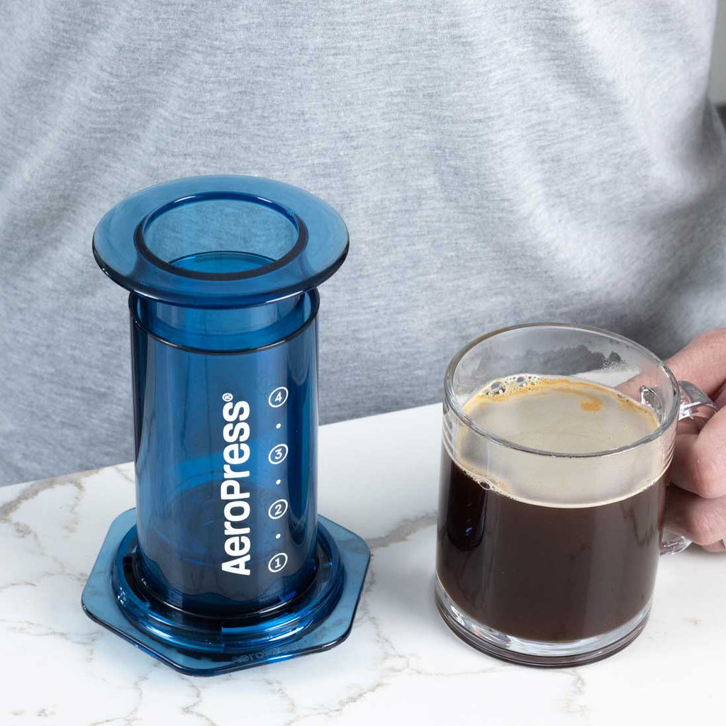 Blue 10 oz version of the AeroPress Clear Coffee Maker
