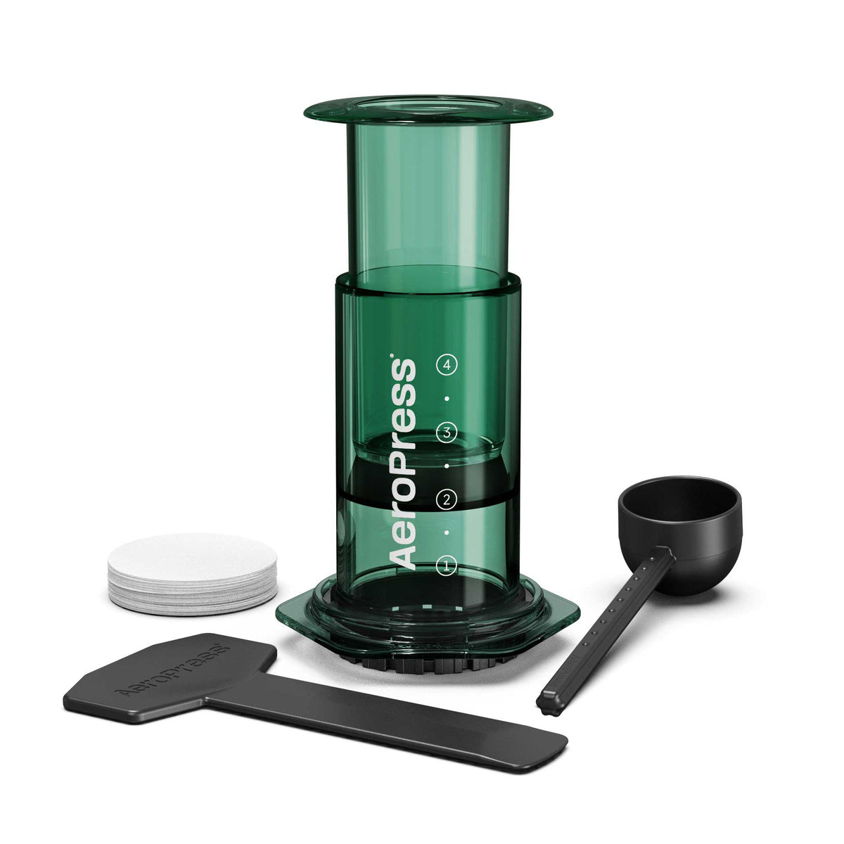 Green version of the 10 oz AeroPress Clear Coffee Maker.