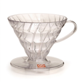 Clear Hario V60 plastic dripper on a white studio background