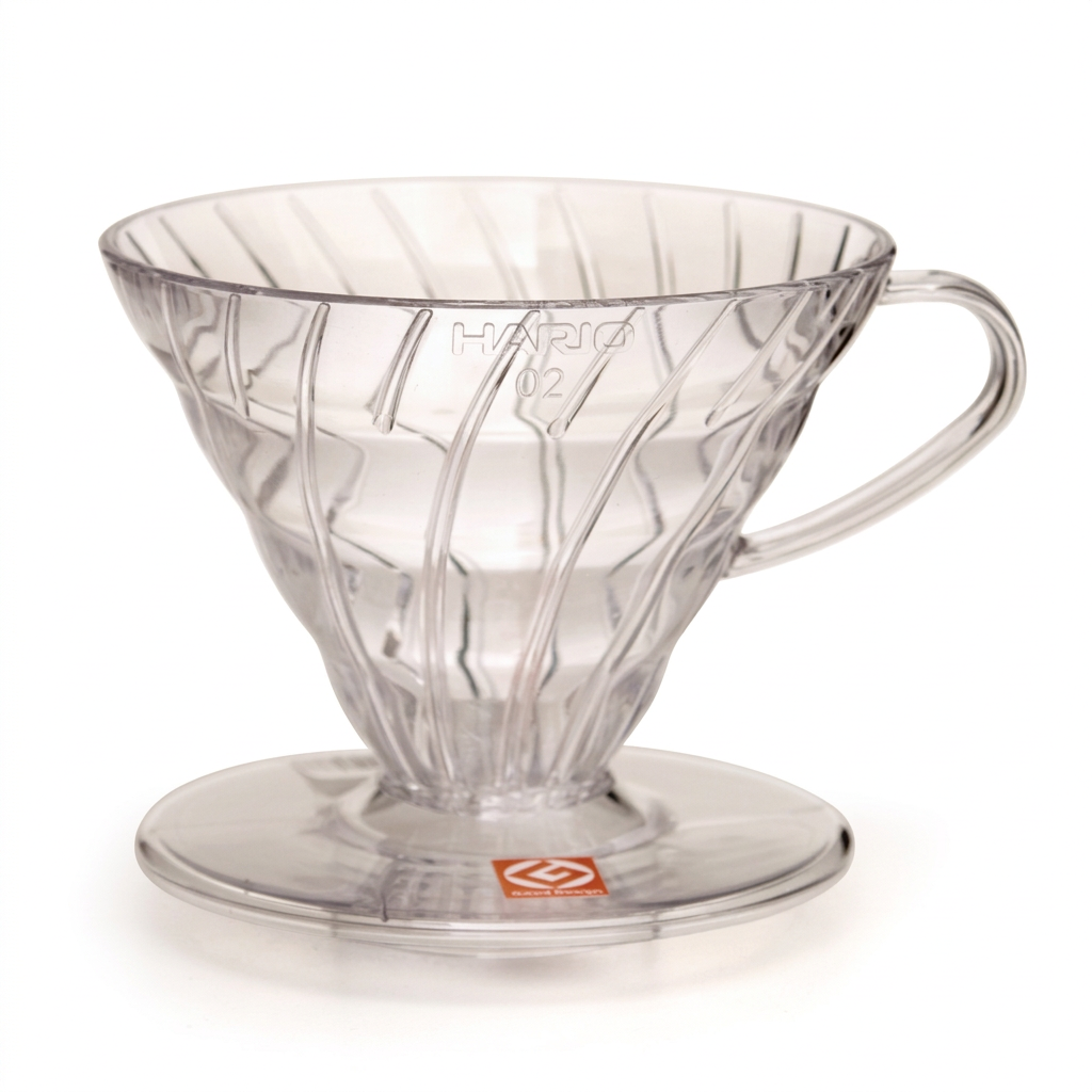 Clear Hario V60 plastic dripper on a white studio background