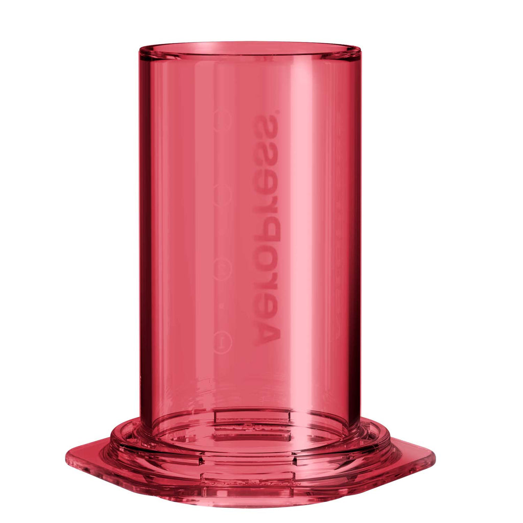 Red 10 oz version of the AeroPress Clear Coffee Maker for manual brewing.